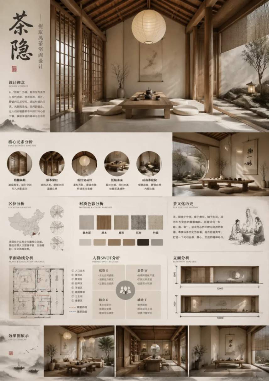 新中式禅意茶馆空间设计分析展板