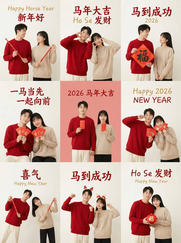 马年情侣九宫格新年写真，极简红白配色