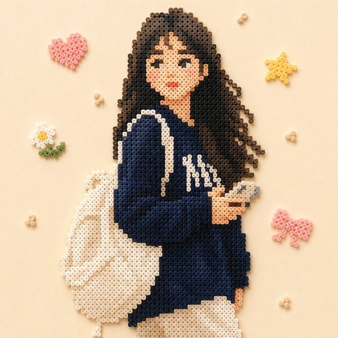 拼豆风格的可爱少女插画，手持手机温馨场景