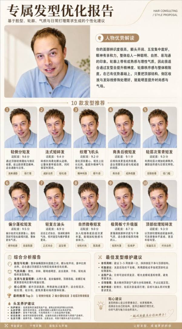专属发型优化报告：10款推荐与形象分析