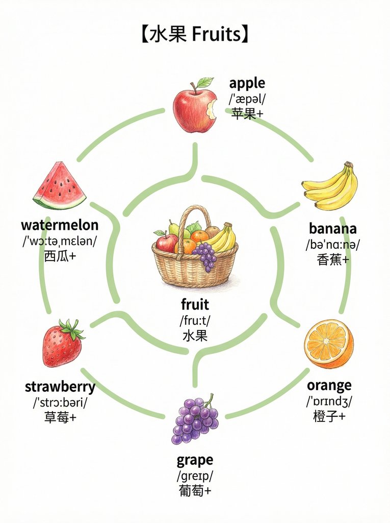 风的词汇图解：水彩风格英语单词学习插画