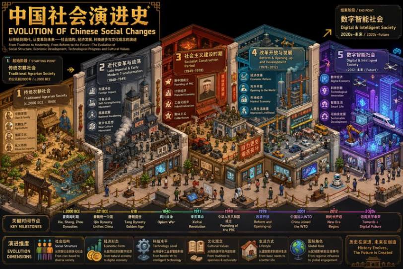 中国社会演进史等距像素艺术时间线插画