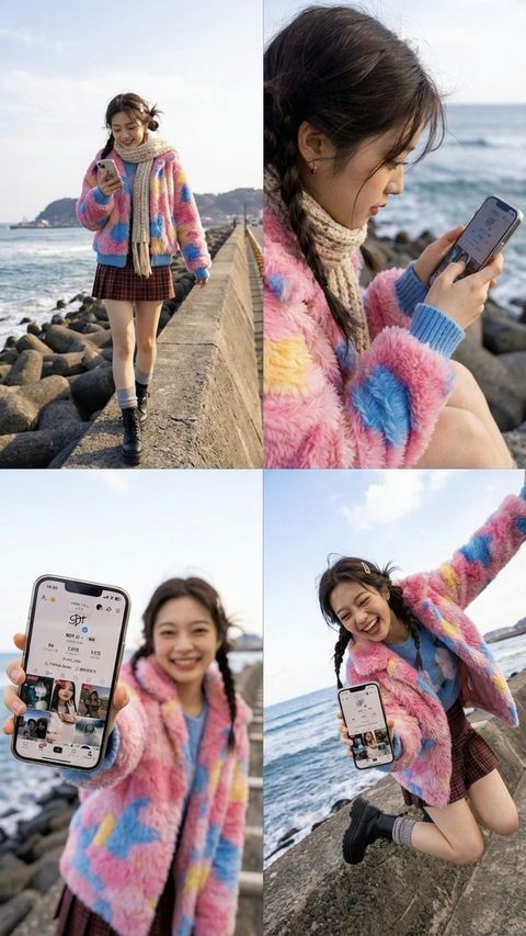 海边少女与手机互动四格写真