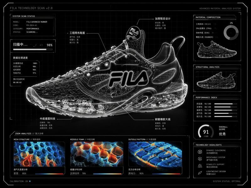 未来派 Fila 跑鞋 X 射线技术诊断界面