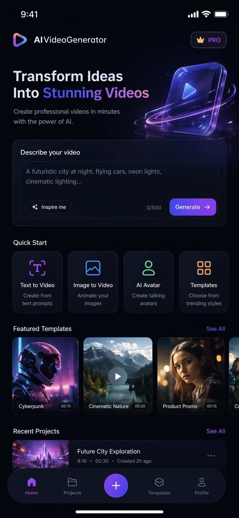 AIVideoGenerator专业APP首页UI设计