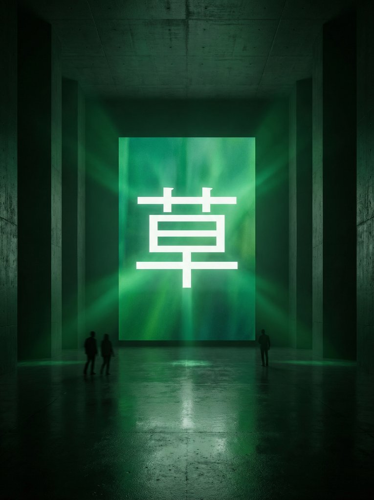 洞穴大厅中的绿色“草”字巨屏艺术装置