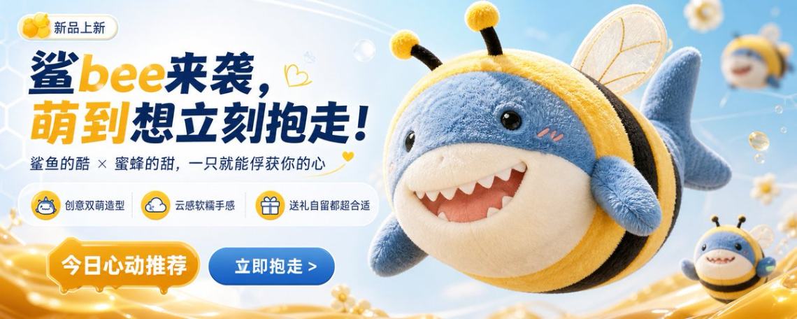 鲨鱼蜜蜂毛绒玩偶卡通形象展示