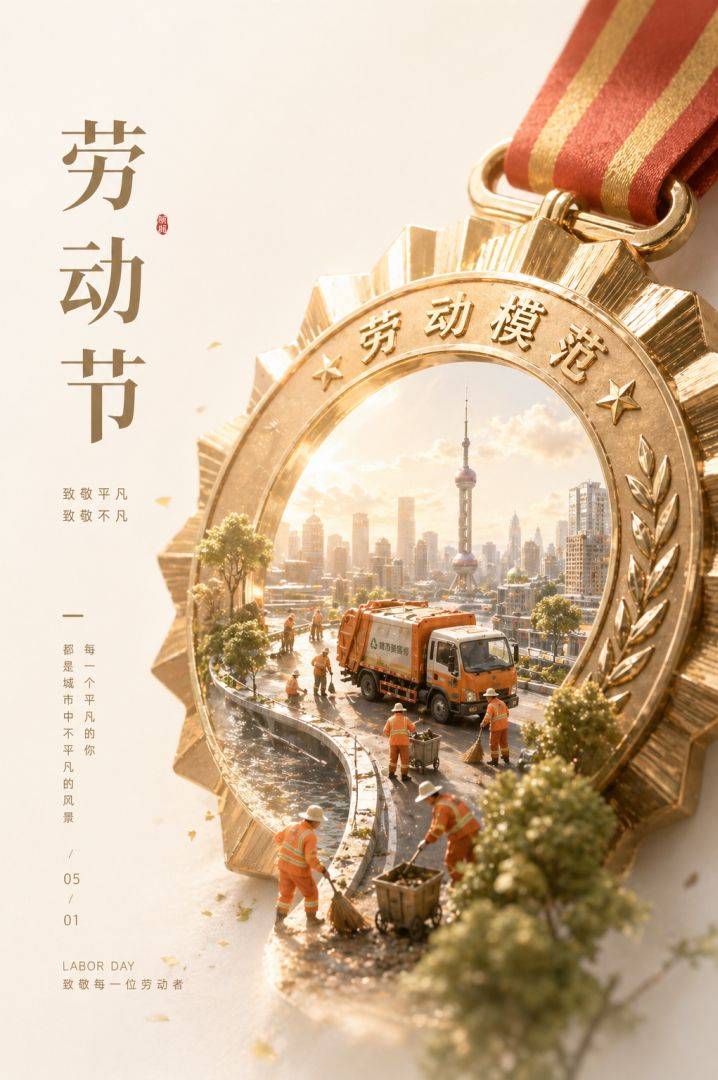 劳动节海报：劳动模范奖牌与城市环卫工