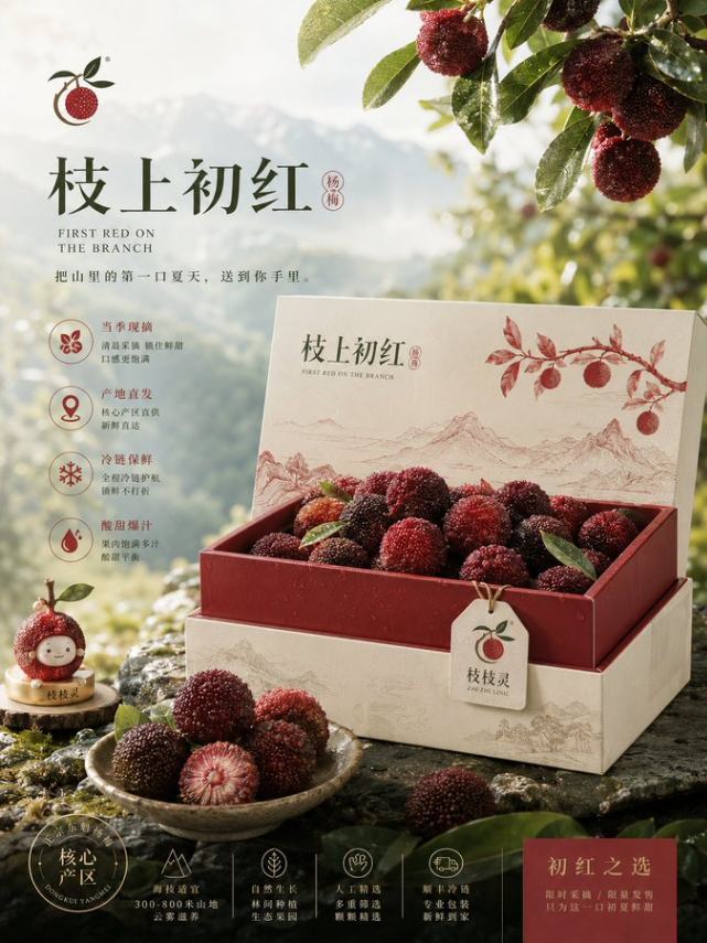 枝上初红杨梅礼盒电商品牌海报