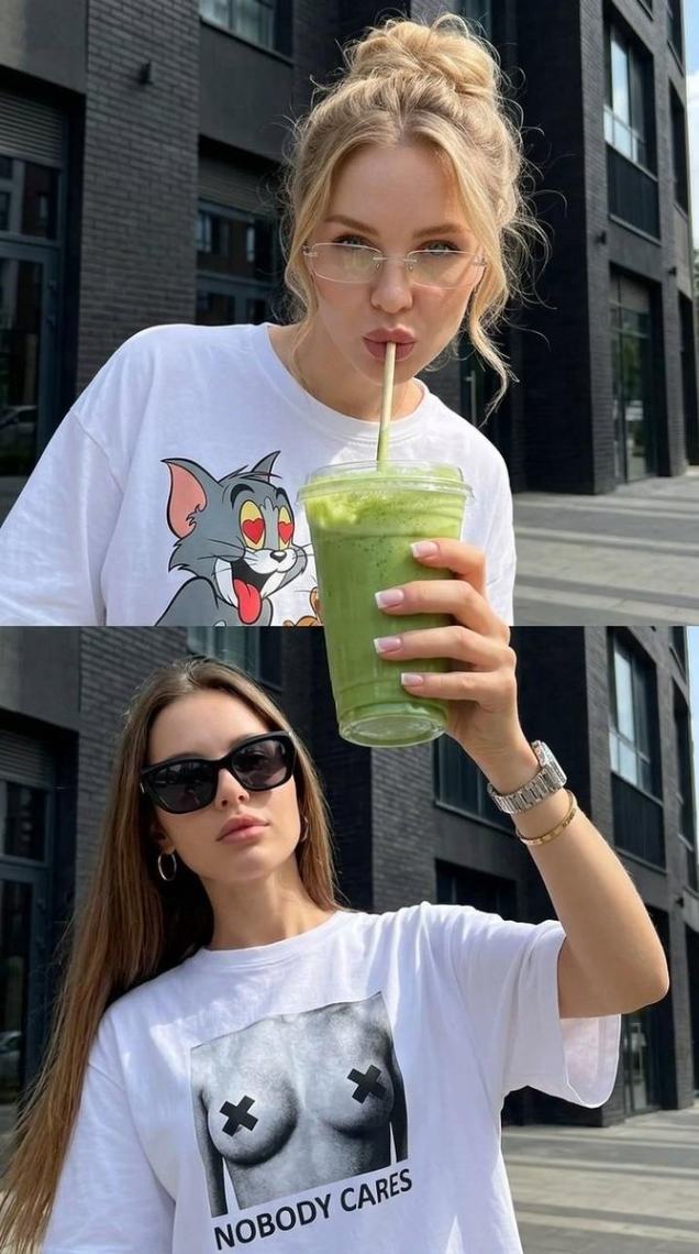 两位女孩手持绿色饮品在街头的创意分屏摄影