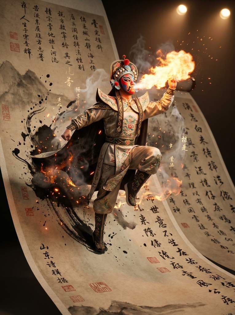 川剧变脸艺人跃出水墨卷轴，喷火瞬间