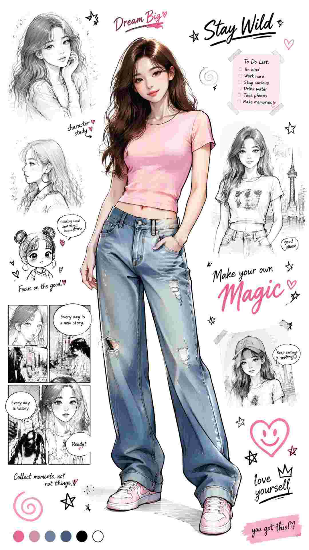 时尚韩国少女拼贴画肖像插画