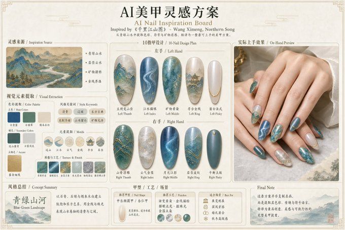 AI美甲灵感方案：青绿山河主题设计提案