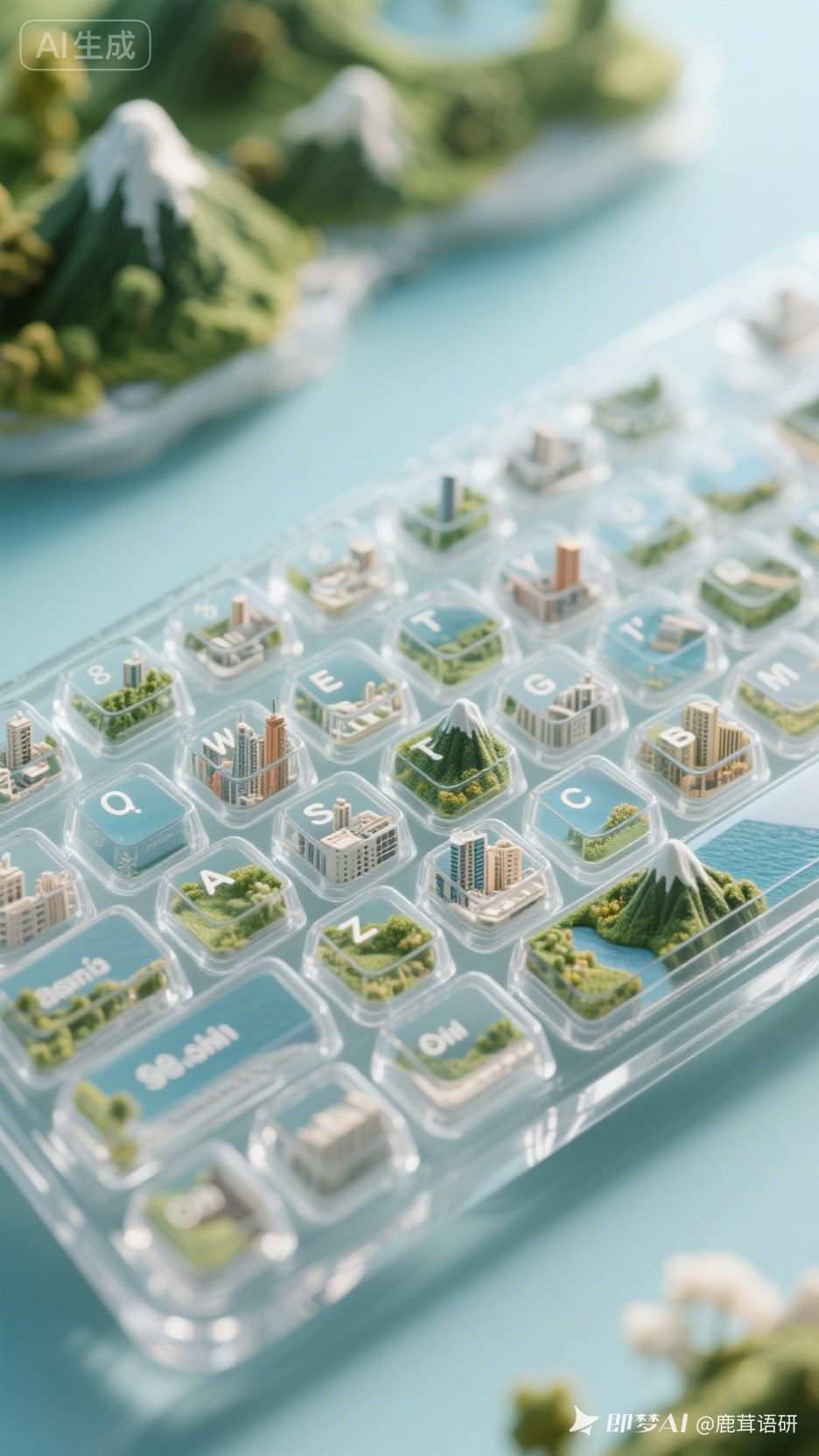 透明键盘上的迷你景观3D渲染图