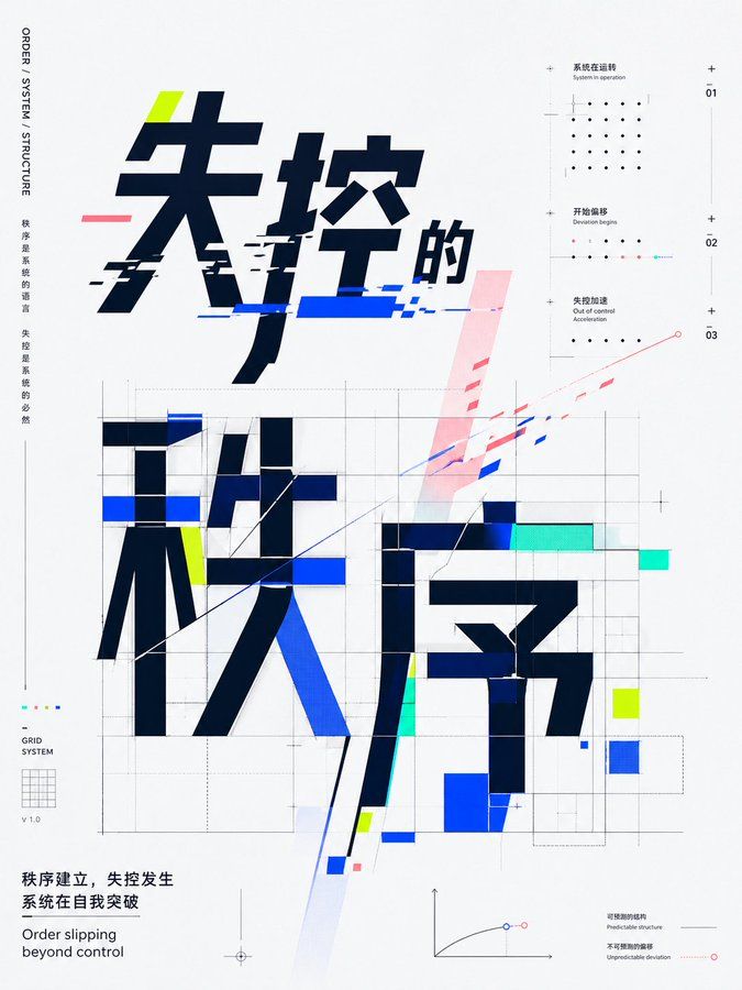 现代几何字体设计海报，展示失控与秩序主题