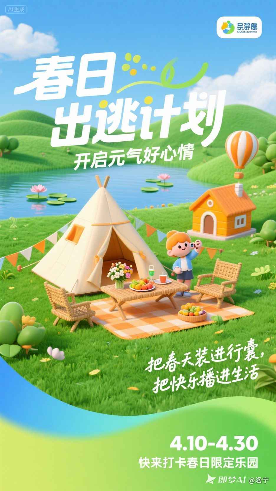 春日露营3D卡通海报