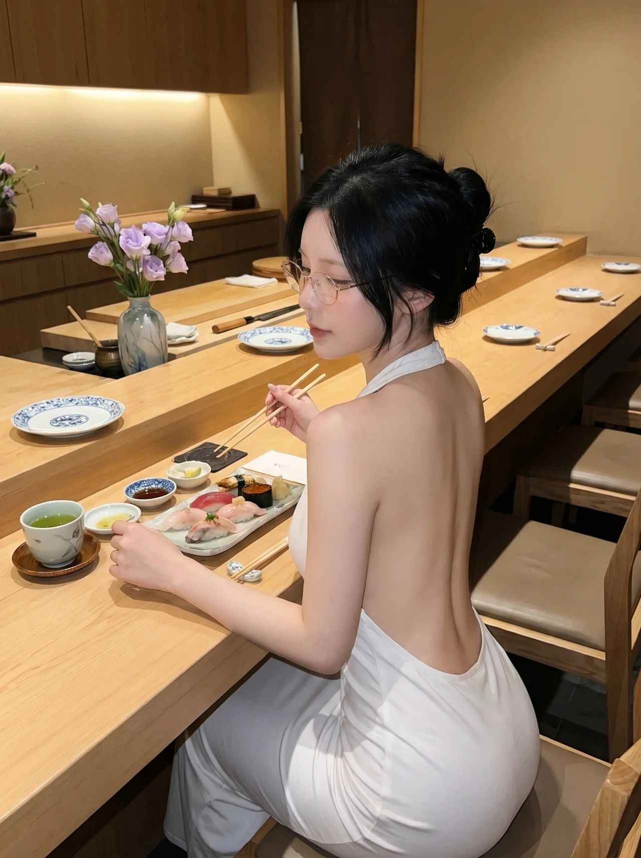 日式餐厅享用寿司的优雅露背白裙女性