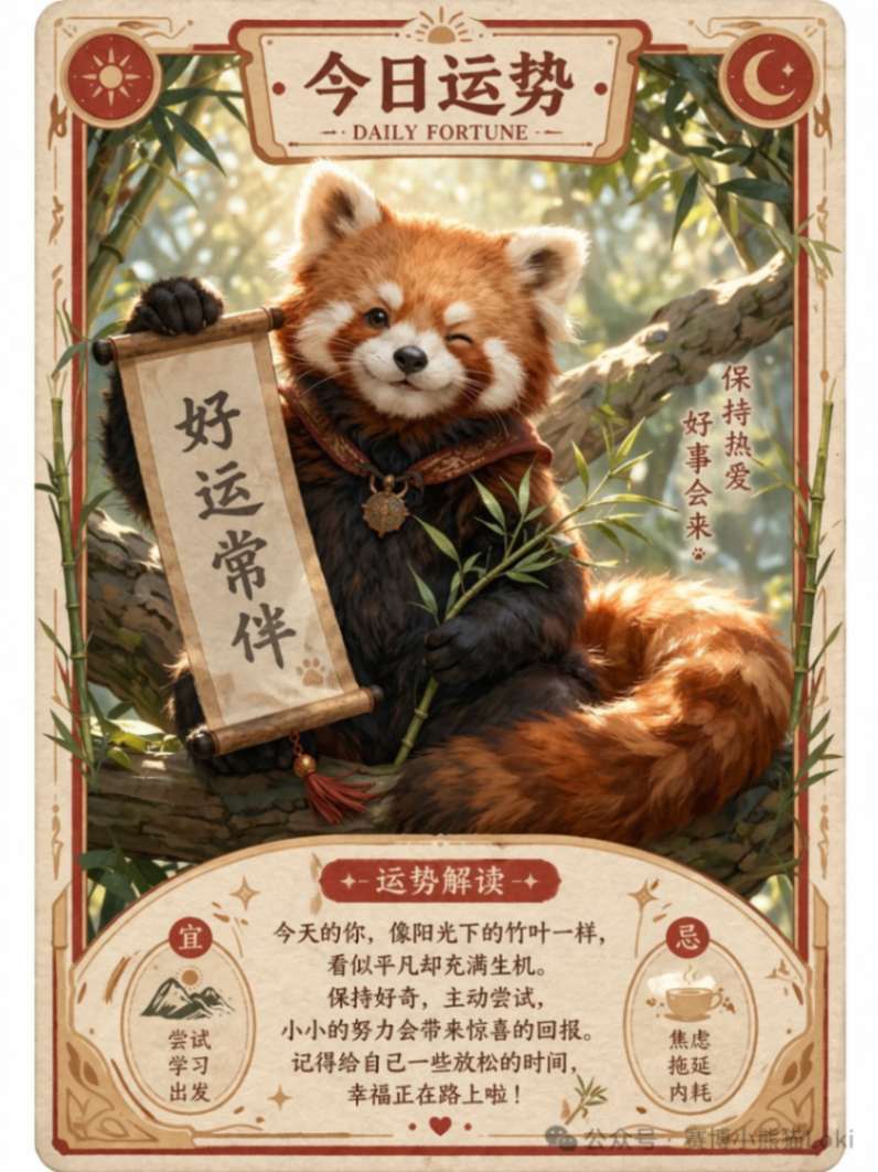 国风插画：萌趣小熊猫每日运势卡，微缩竹林场景