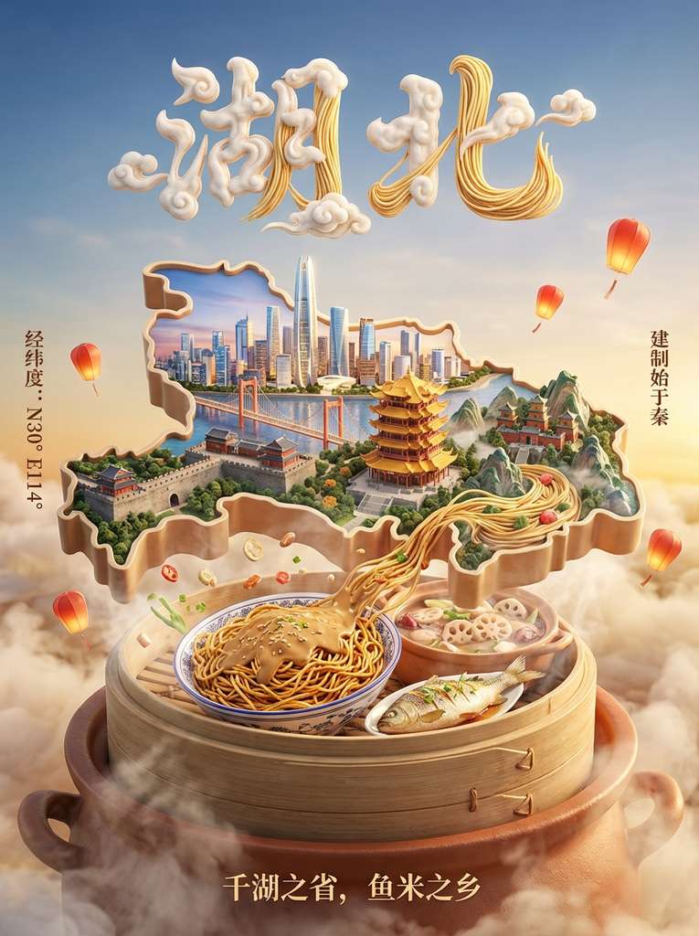湖北国潮美食地图海报：热干面与黄鹤楼的3D浮雕艺术