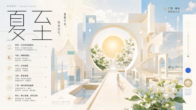 夏至节气海报，几何建筑空间与茉莉花元素融合