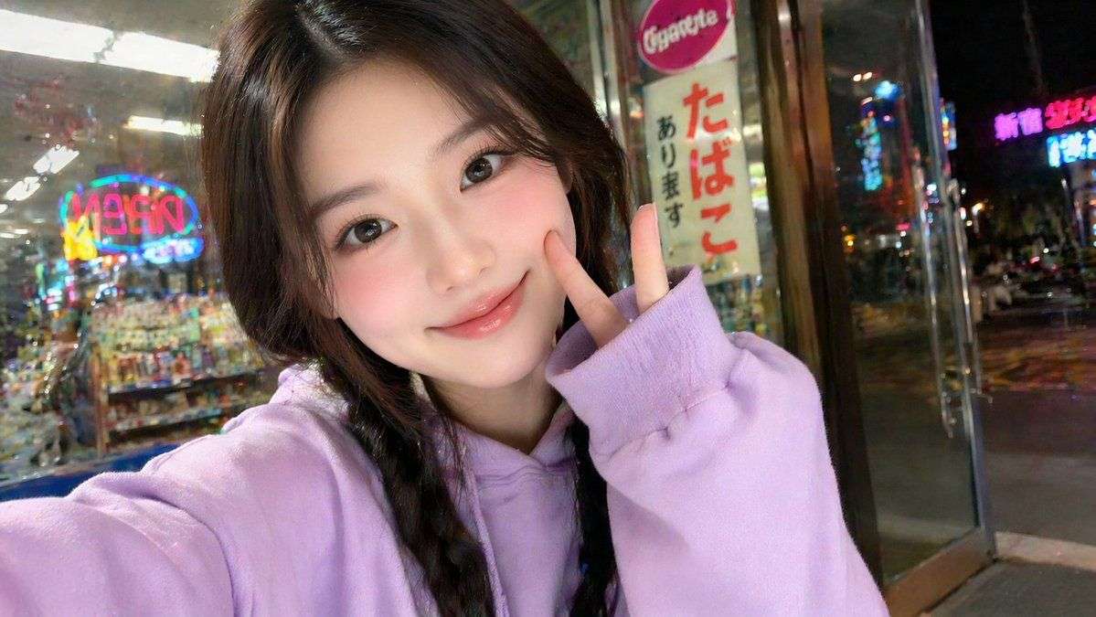 日系便利店夜景少女自拍，紫色卫衣俏皮可爱