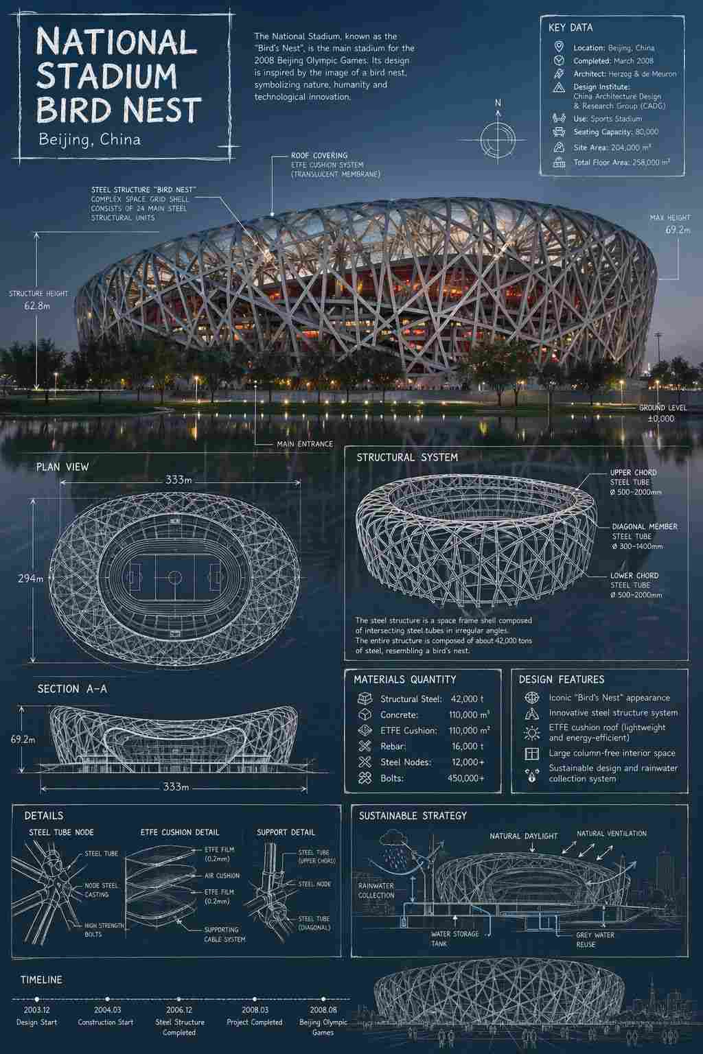 北京国家体育场鸟巢建筑信息图与技术解析