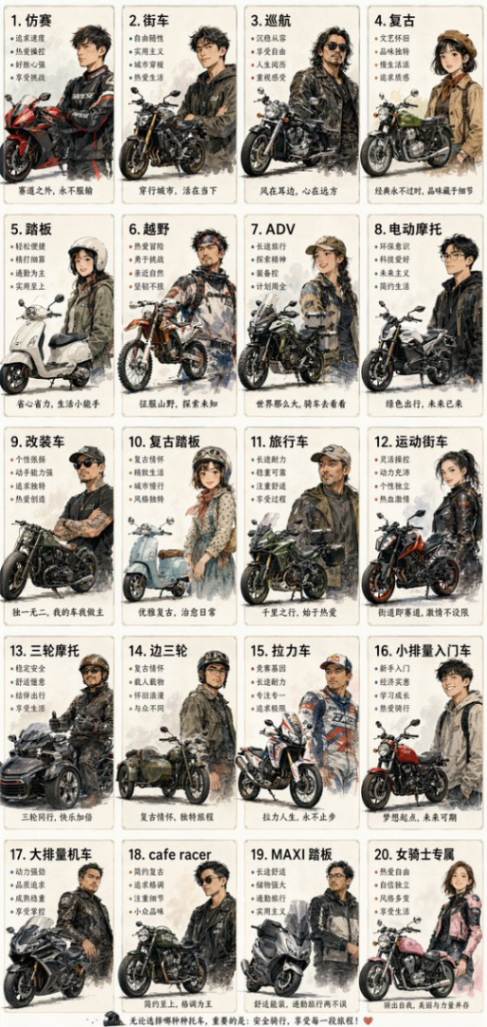 20种摩托车类型与车主画像信息图