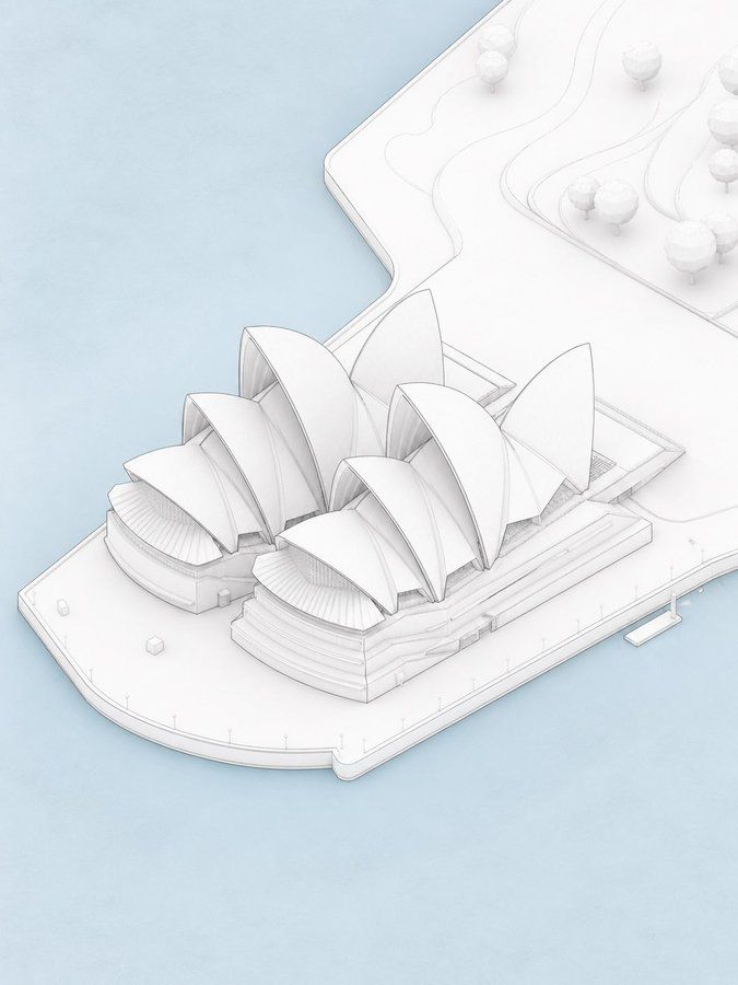 悉尼歌剧院等距轴测白模概念建筑渲染图