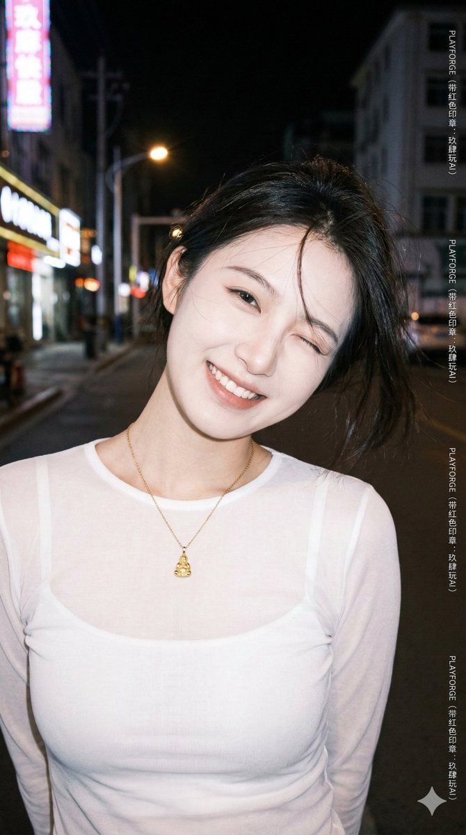 夜街俏皮少女写真，白纱金佛项链，ccd强闪质感