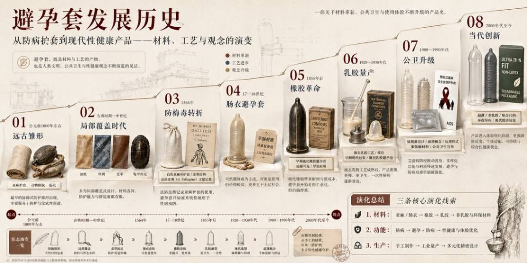避孕套发展历史信息图：从远古雏形到现代创新