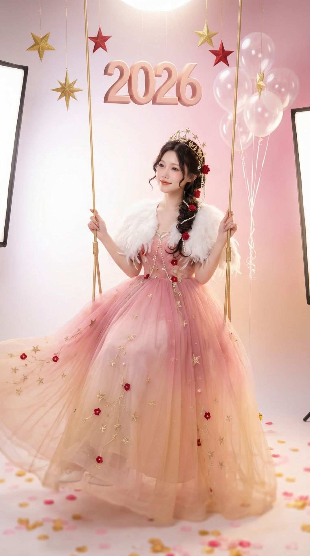 梦幻少女秋千写真：粉金纱裙与星月发冠