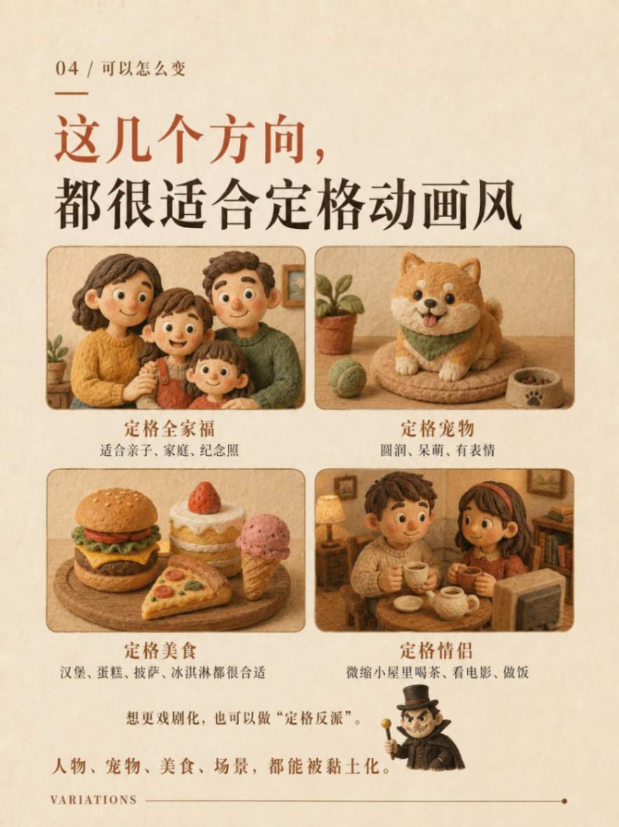 定格动画黏土风格全家福美食宠物场景展示海报