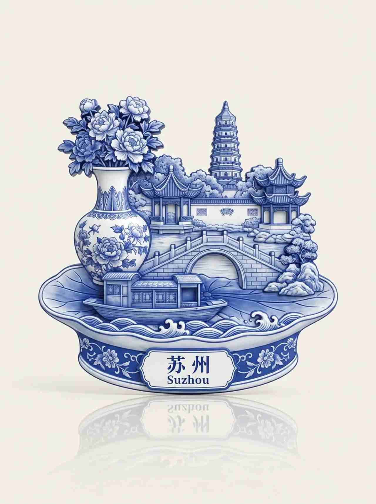 青花瓷苏州微缩景观冰箱贴，国风3D艺术设计