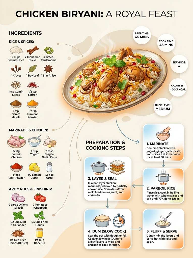 现代风格鸡肉抓饭食谱信息图（艺术创作）