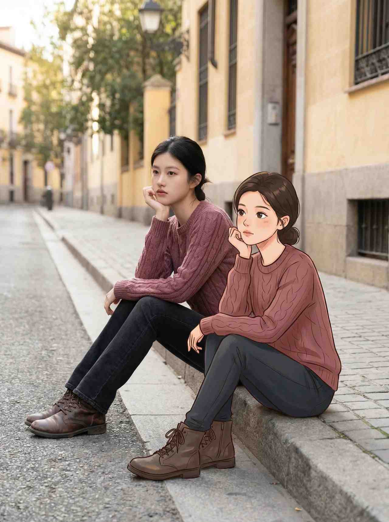 真人与卡通版少女同坐街边沉思