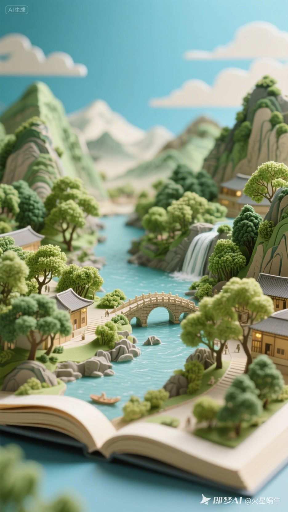 山水风景书页3D渲染图