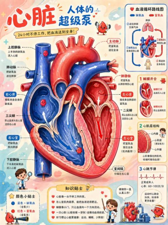 人体心脏解剖结构科普插画