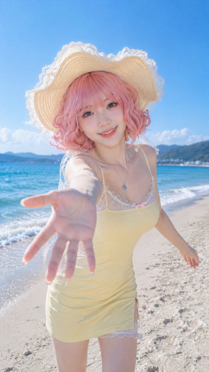 粉色卷发少女海边夏日写真