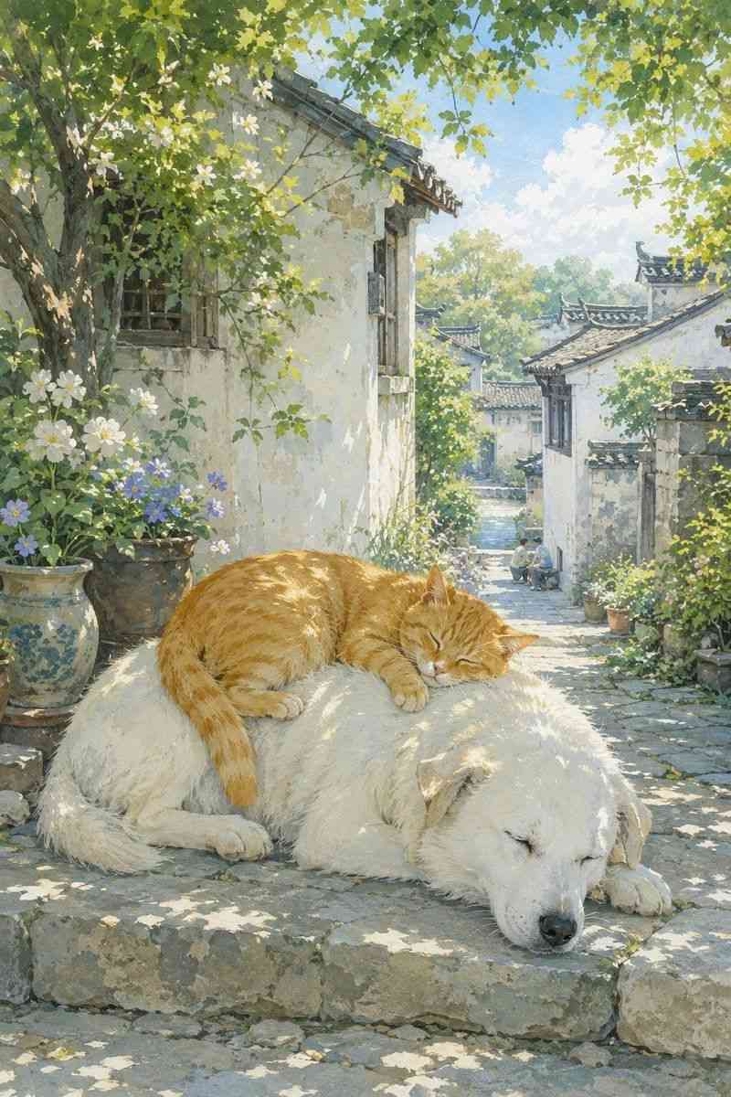 夏季东方庭院水彩质感插画