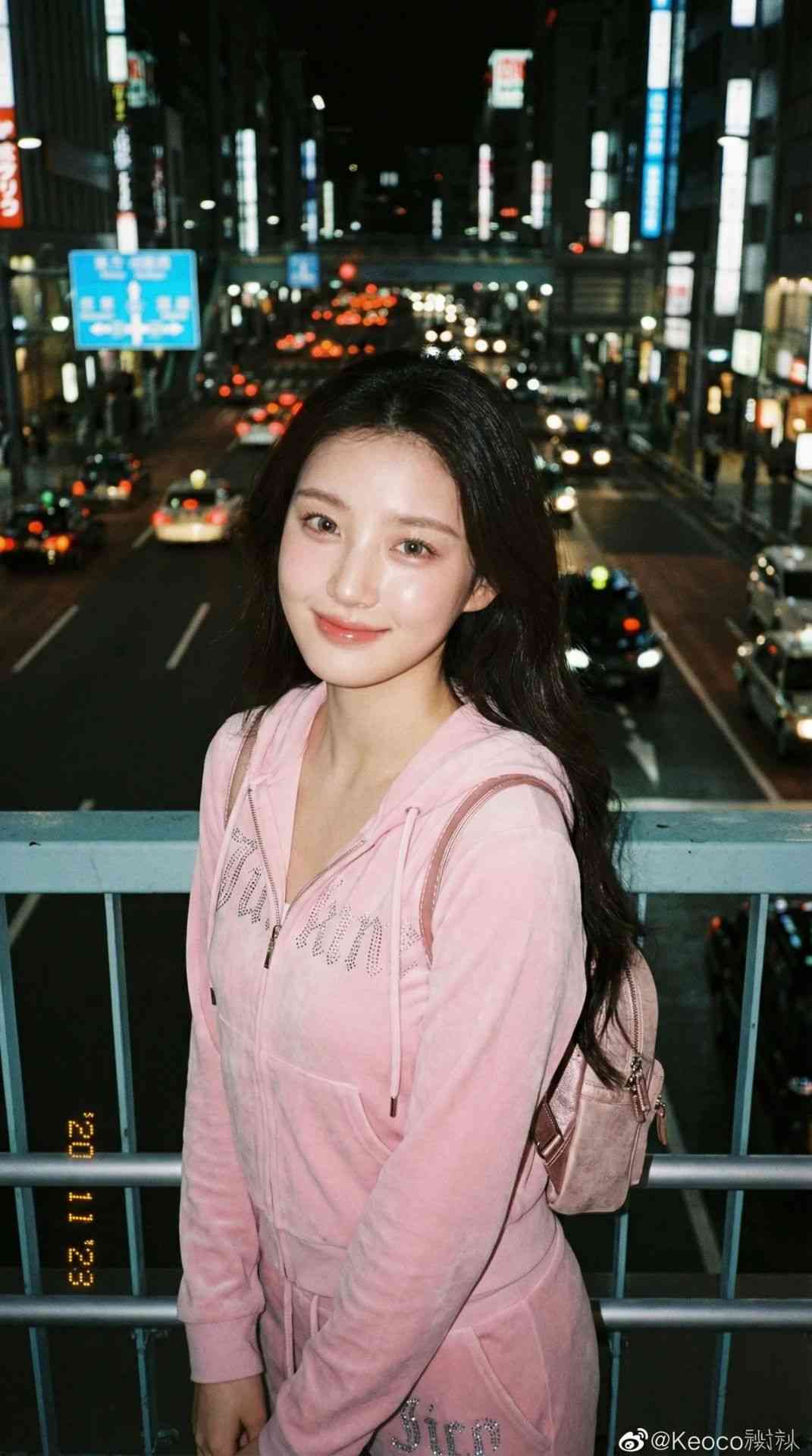 Y2K东京夜桥少女，闪光灯下的水润可爱瞬间
