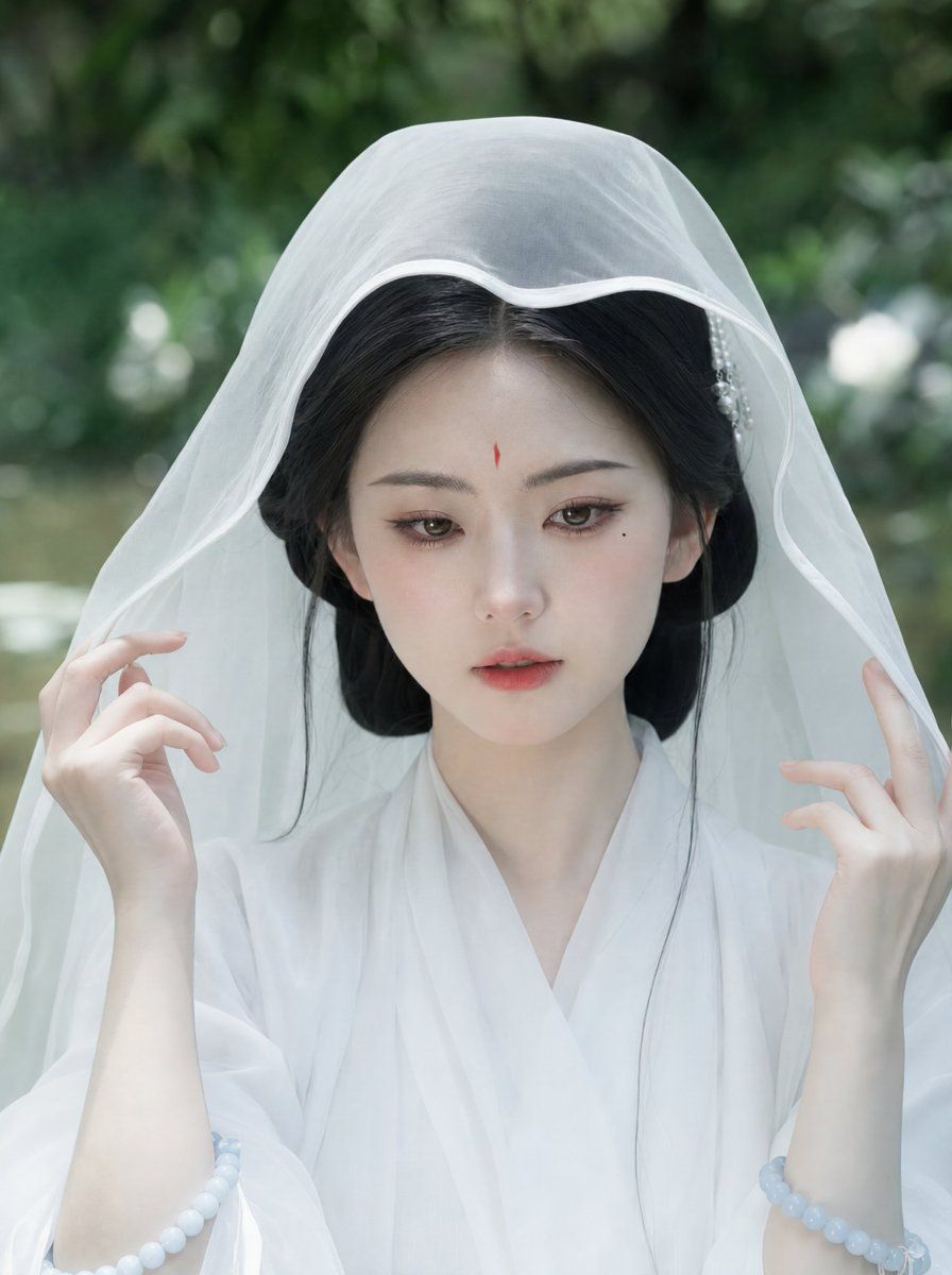 古风白衣女子轻扶头纱肖像