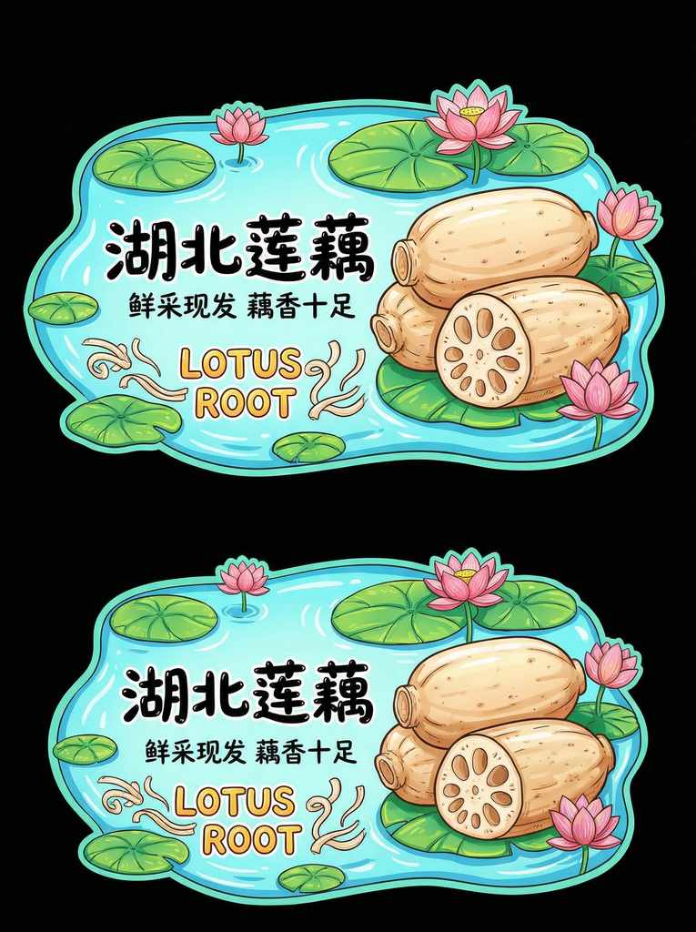 Q版湖北莲藕广宣异形牌设计，高饱和插画风