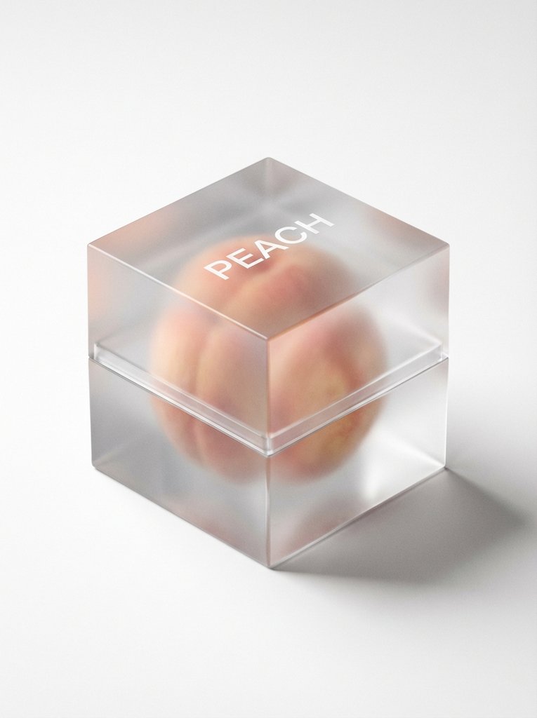 透明立方体中的桃子3D渲染图