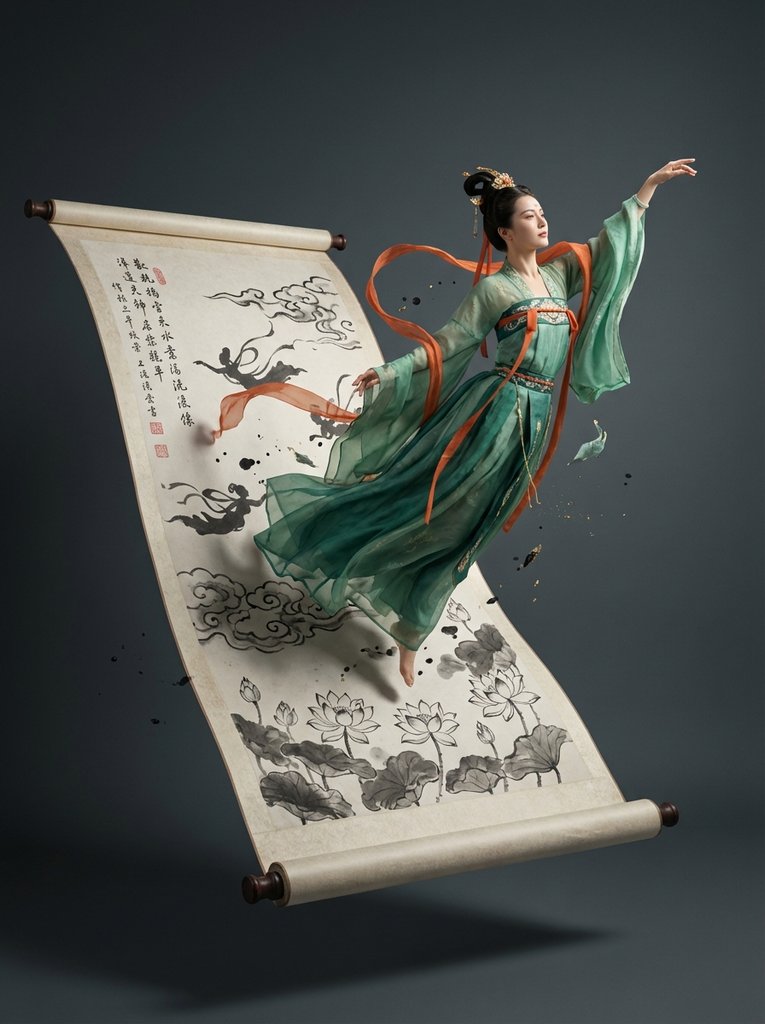 敦煌飞天破壁而出：水墨与真人交融的超现实艺术