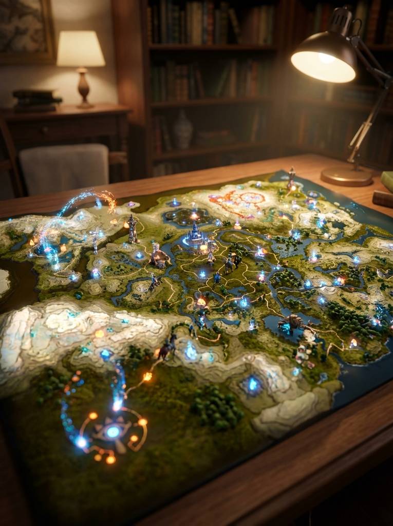 微缩战棋场景模型，魔法光效环绕