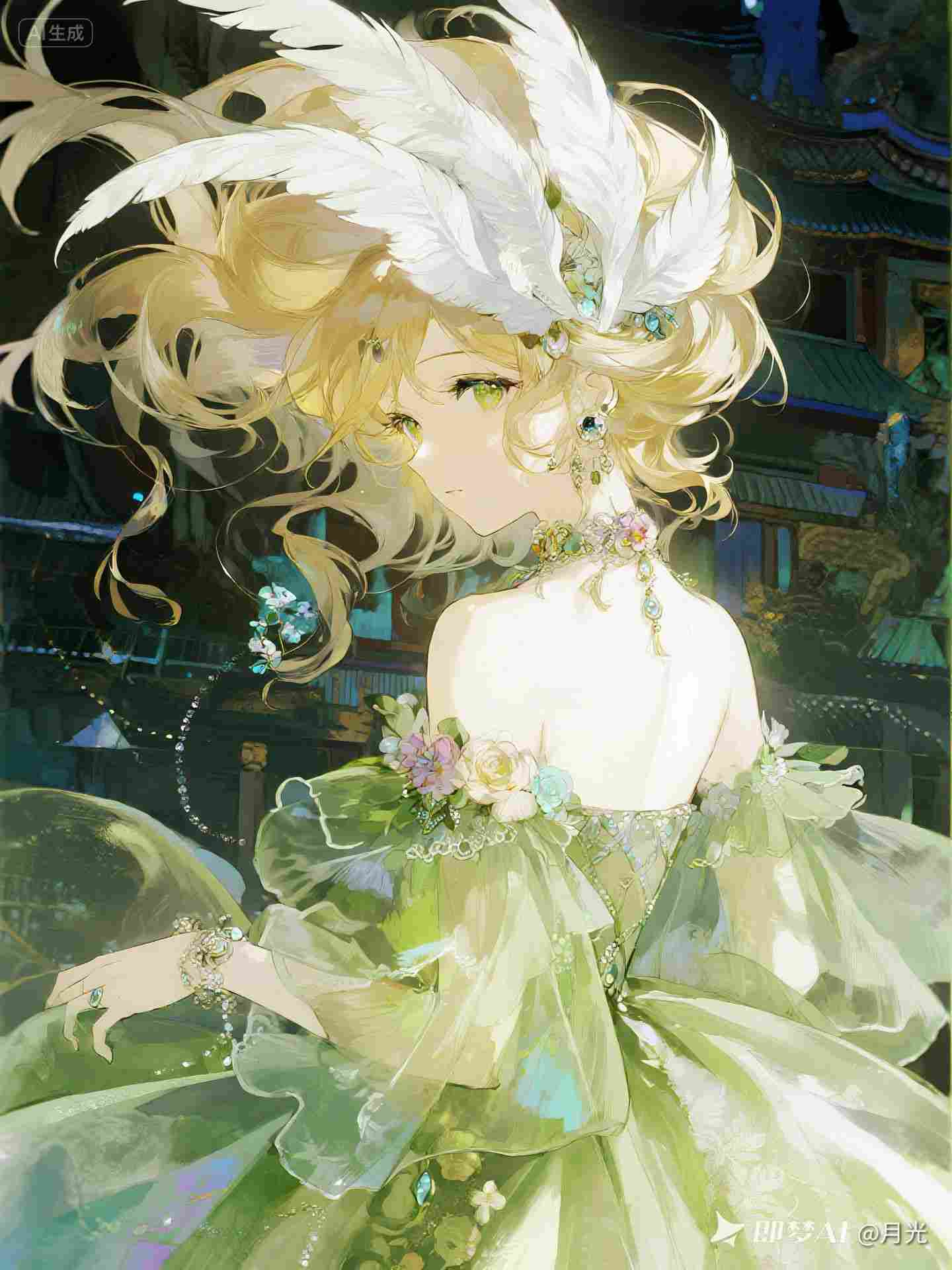 华丽动漫水彩插画，金色长发美少女