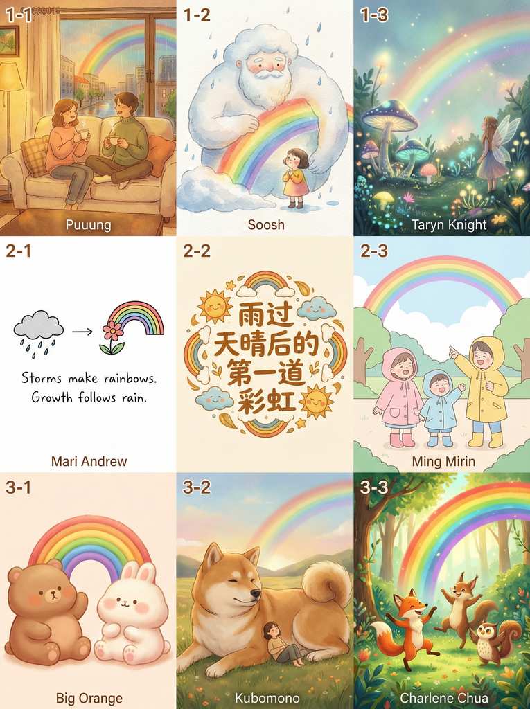 九宫格治愈插画：2025告别与2026迎新主题