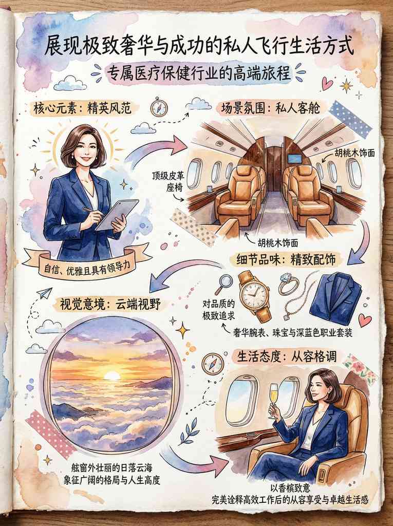 手绘水彩风格的私人飞行奢华生活方式指南