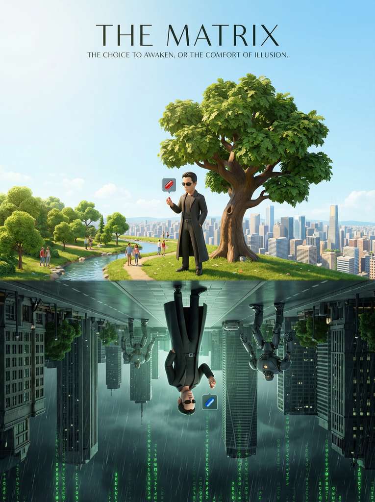 黑客帝国：上下世界的倒置3D卡通场景