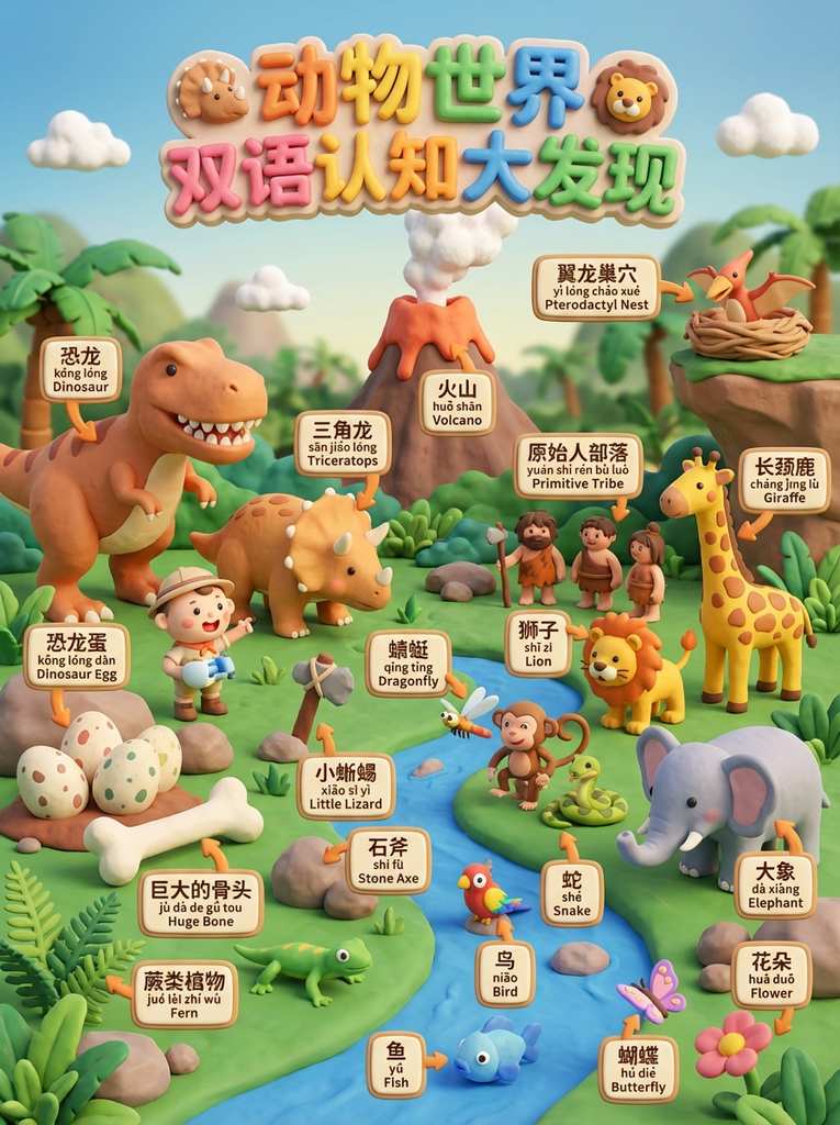 黏土动物世界双语认知海报（3D微缩场景）